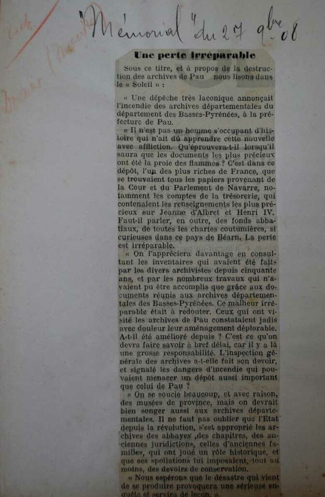 L'incendie de 1908 aux archives dans le Mémorial des Pyrénées