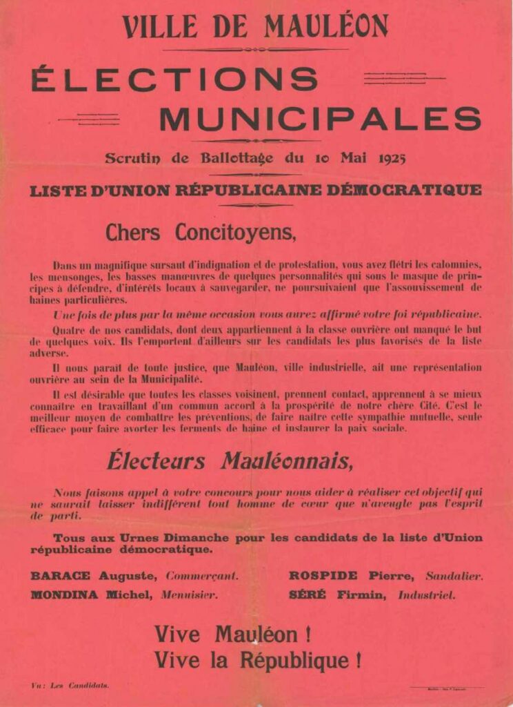 Affiche pour les élections municipales de Mauléon 1925