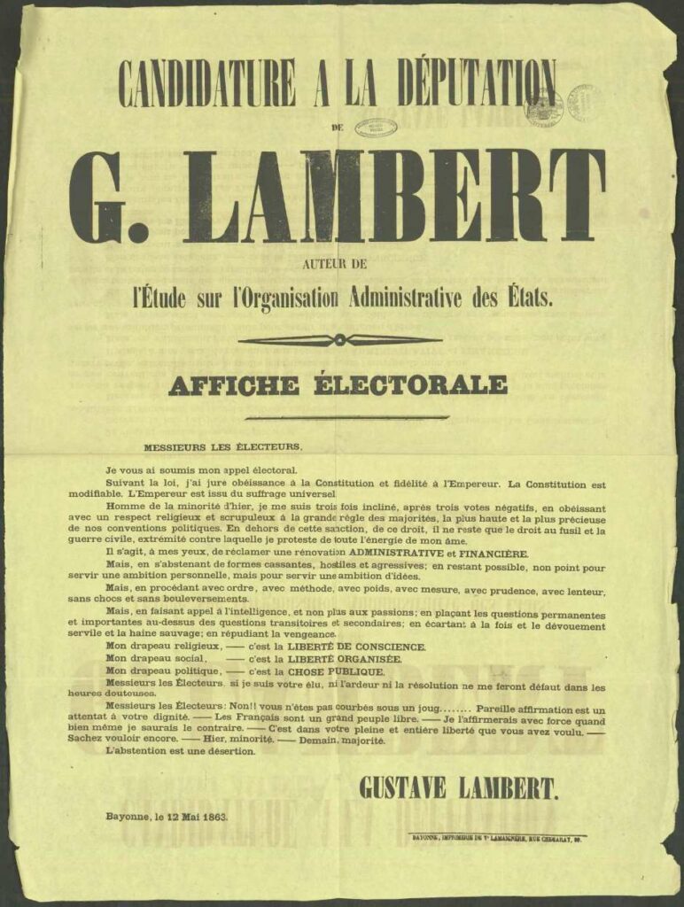 Elections législatives, Basses-Pyrénées, 1863, affiche du candidat Lambert