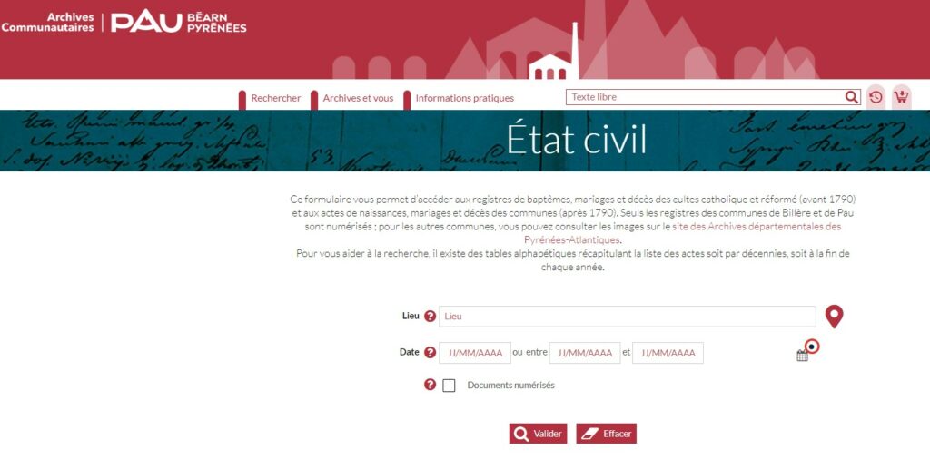 consulter l'état civil d'une personne sur le site en ligne des archives communales de Pau dans le 64
